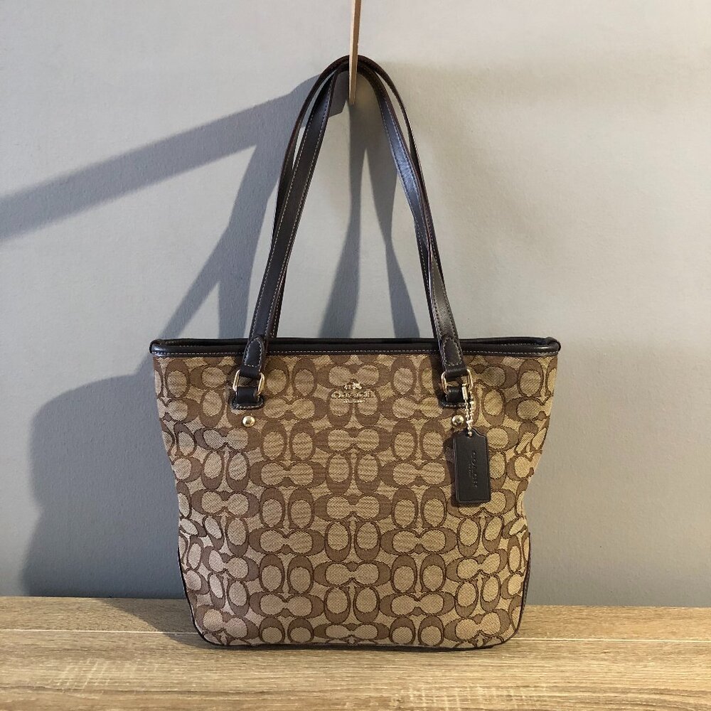 Coach Khaki Brown Outline Signature Zip Top Tote Handbag